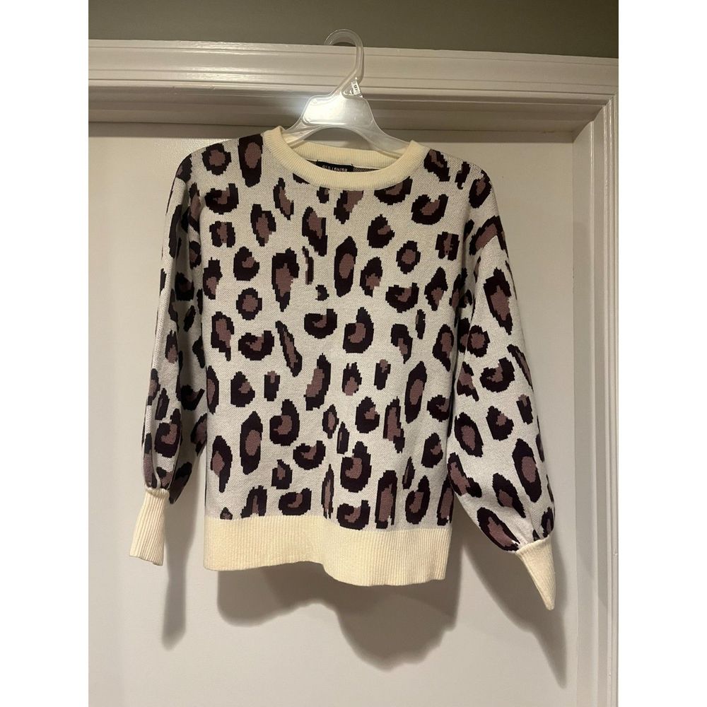 QED London Women's Leopard Print Crew Neck Sweater Cream and Brown size XS/S